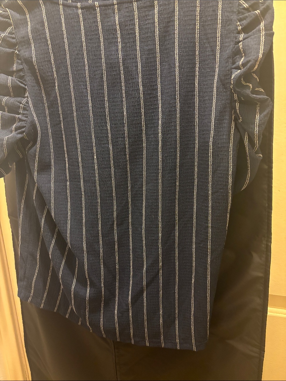 LOFT Navy Pinstripe Ruffle-Sleeve Top